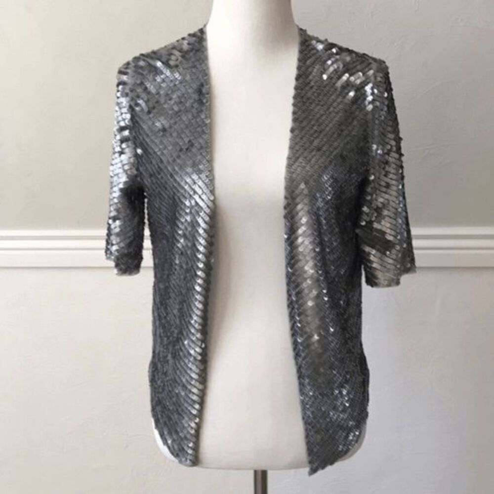 Flounce tbd Open Front Silver Sequined 3/4 Sleeve Jacket Women Size M